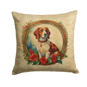Brittany Spaniel Christmas Flowers Throw Pillow Machine Washable, Indoor Outdoor Decorative Pillow for Couch, Bed or Patio, 18Hx18W