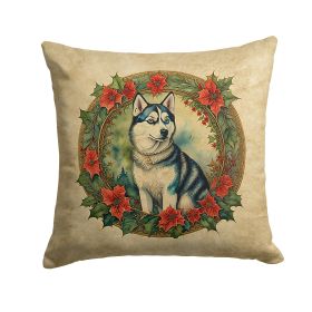 Siberian Husky Christmas Flowers Throw Pillow Machine Washable, Indoor Outdoor Decorative Pillow for Couch, Bed or Patio, 18Hx18W