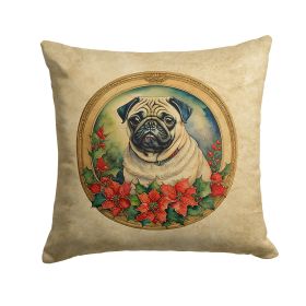 Pug Christmas Flowers Throw Pillow Machine Washable, Indoor Outdoor Decorative Pillow for Couch, Bed or Patio, 18Hx18W