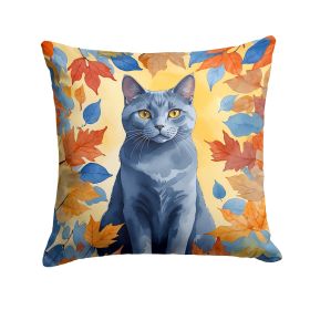 Chartreux Cat in Fall Leaves Throw Pillow Machine Washable, Indoor Outdoor Decorative Pillow for Couch, Bed or Patio, 18Hx18W