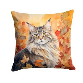 MaineCoon Cat in Fall Leaves Throw Pillow Machine Washable, Indoor Outdoor Decorative Pillow for Couch, Bed or Patio, 18Hx18W