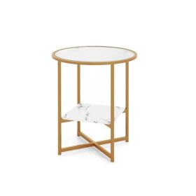 Small End Table with Metal Frame and Faux Marble Glass Top (Type: Coffee Tables, Color: White & Gold)