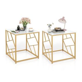 Household Decor Square End Table with Tempered Glass Tabletop (Type: 2 pcs, Color: White & Gold)