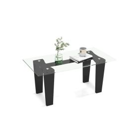 Glass Coffee Table with Solid Rubber Wood Legs for Small Space (Color: Black, size: 39.5 Inch)
