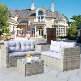 4 Piece Patio Sectional Wicker Rattan Outdoor Furniture Sofa Set with Storage Box Grey (Color: as Pic)